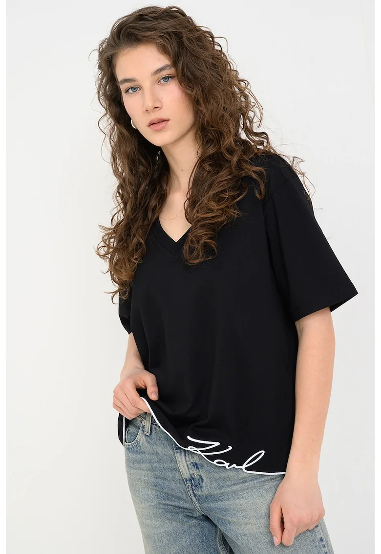 Tricou supradimensionat de bumbac organic cu decolteu in V Signature, Negru
