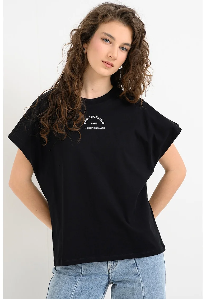 Tricou relaxed fit de bumbac cu logo stralucitor, Negru
