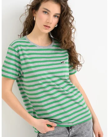 Tricou cu logo pe piept Ikon Stripe, Gri melange/Verde aquamarin