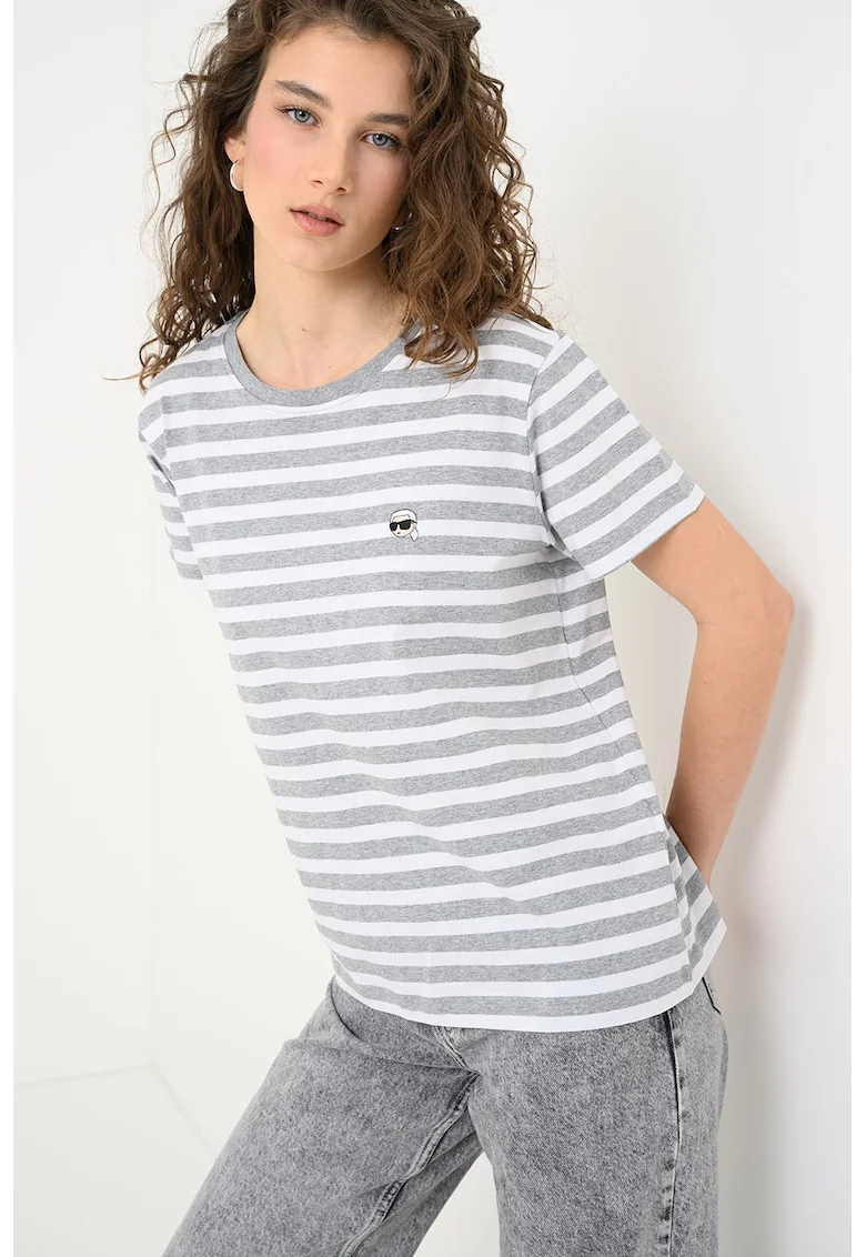 Tricou cu logo pe piept Ikon Stripe, Gri melange/Alb optic