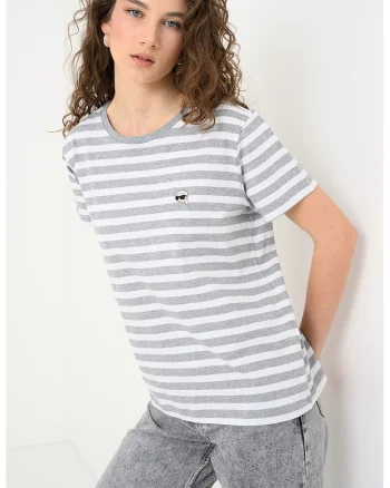 Tricou cu logo pe piept Ikon Stripe, Gri melange/Alb optic