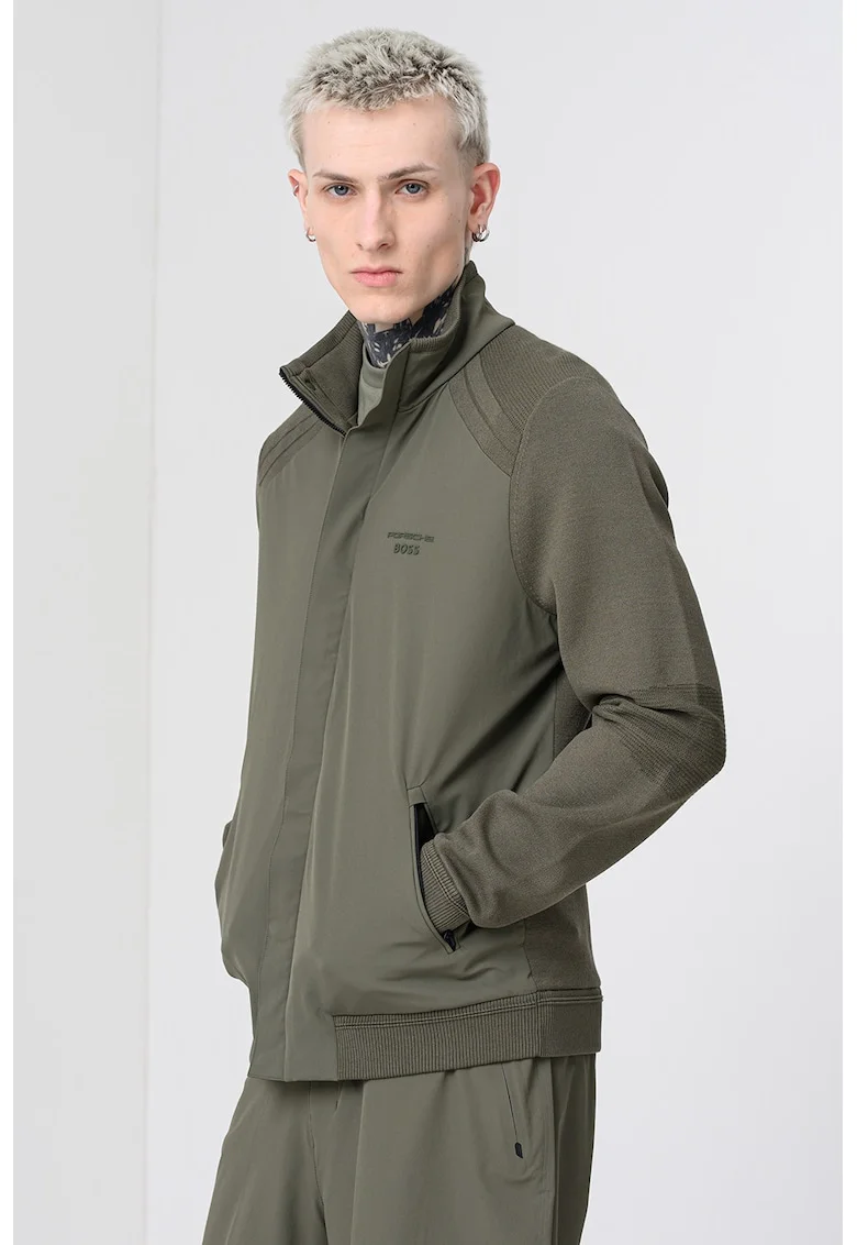 Bluza de trening din amestec de modal cu fermoar si buzunare laterale, Kaki inchis