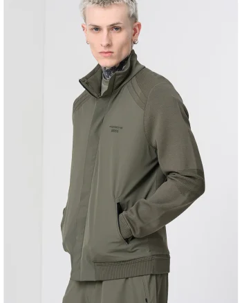 Bluza de trening din amestec de modal cu fermoar si buzunare laterale, Kaki inchis