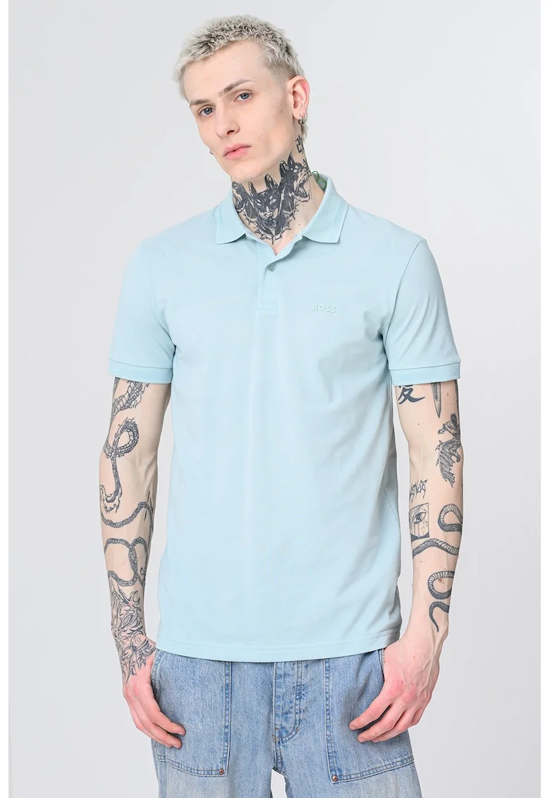 Tricou polo slim fit cu logo grafic, Verde pal