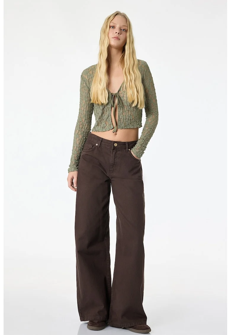 Bluza crop de dantela cu prindere in talie, Verde sparanghel