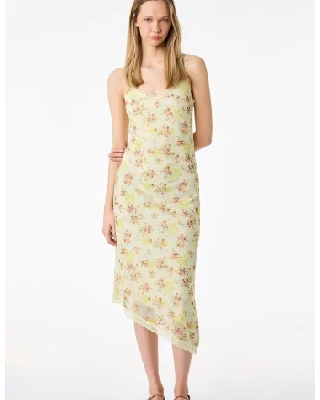 Rochie asimetrica ca cu model floral, Galben pal