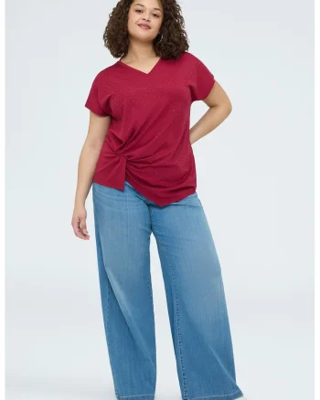 Tricou cu decolteu in V si fronseuri, Rosu