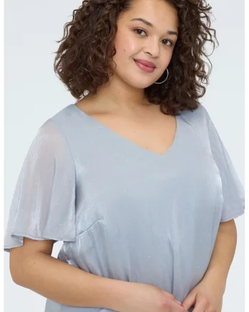 Bluza cu aspect stralucitor si decolteu in V, Albastru lavanda
