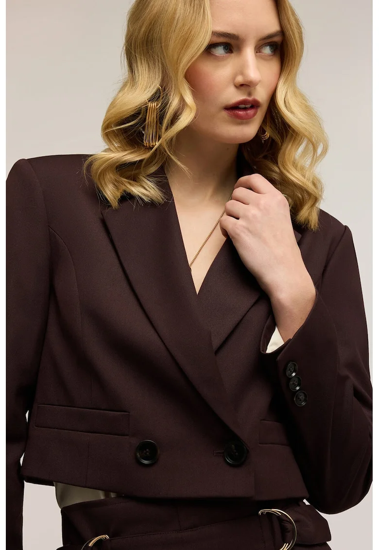 Sacou crop cu buzunare cu refilet, Maro inchis
