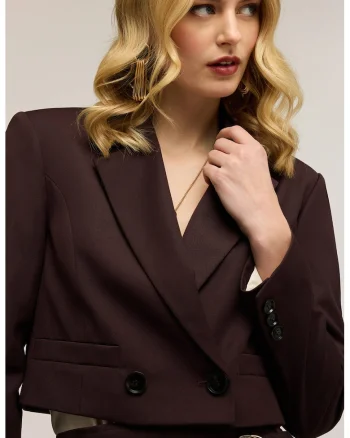 Sacou crop cu buzunare cu refilet, Maro inchis