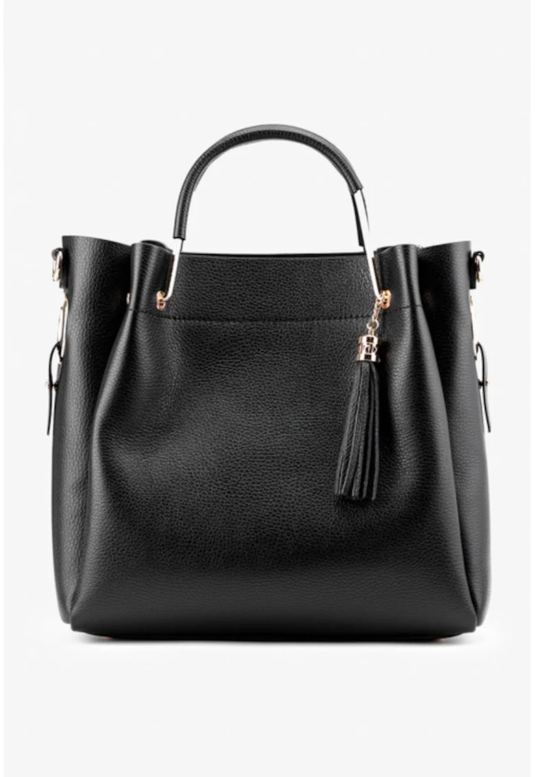 Geanta de dama maro inchis din piele texturata cu accesoriu ciucurewdqf, Negru