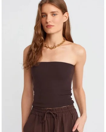 Bluza bandeau  bodycon, slim fit, maro cafea, bumbac cu elastan,
