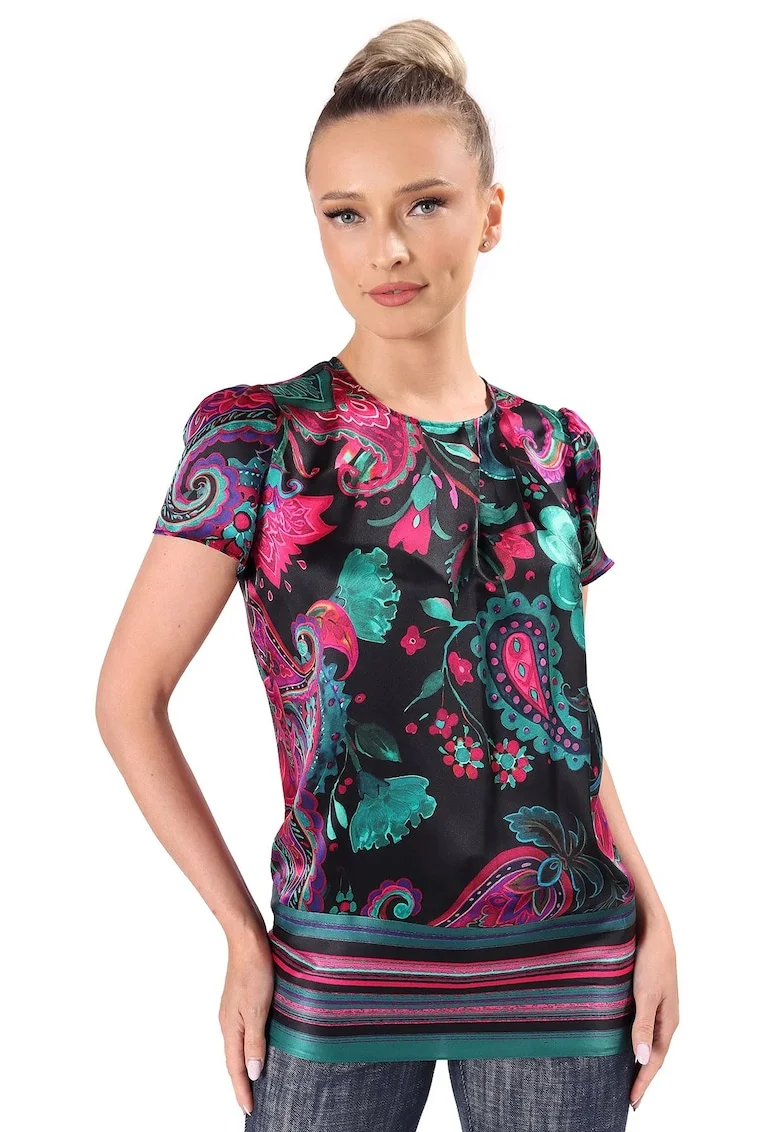 Bluza eleganta din matase naturala imprimata cu motive paisley BYX-C5, Turcoaz