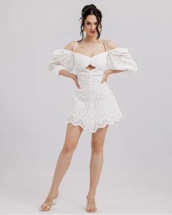 Rochie din bumbac brodat  Scurta, Cu maneci, Alb