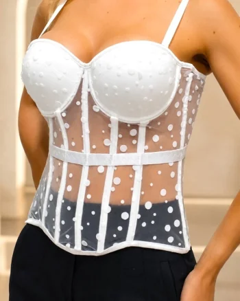 Corset elegant MANOVA, cu insertii tull si inchidere metalica, ALB