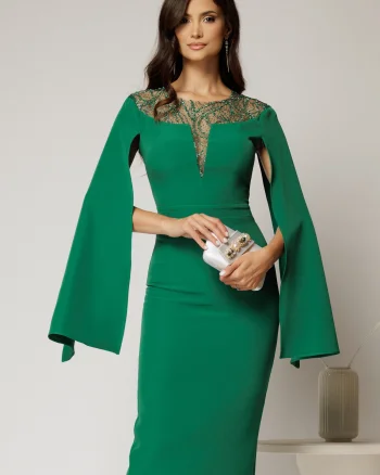 Rochie DY Fashion verde midi cu manecile lungi crapate si aplicatii la bust