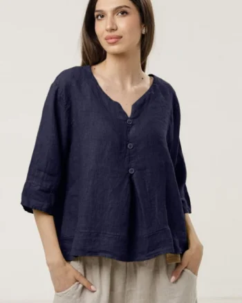 Bluza din in lejera cu nasturi decorativi, bleumarin