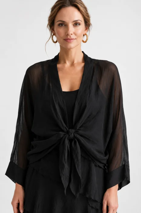Blazer dama lejer din matase cu croi lejer si design vaporos, negru