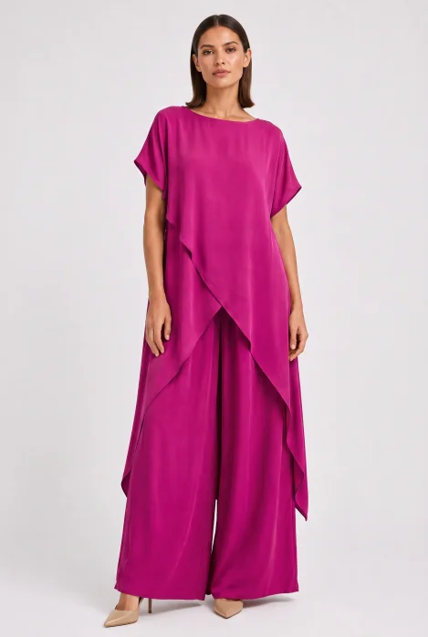 Compleu dama elegant din vascoza cu tunica asimetrica si pantaloni palazzo, magenta