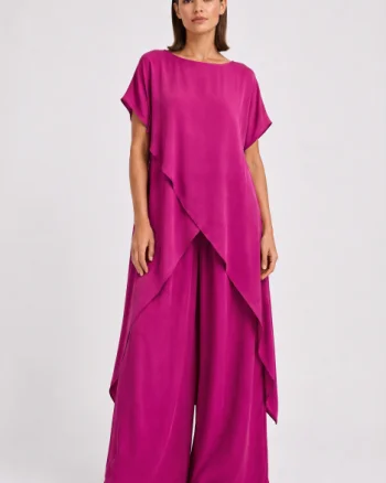 Compleu dama elegant din vascoza cu tunica asimetrica si pantaloni palazzo, magenta