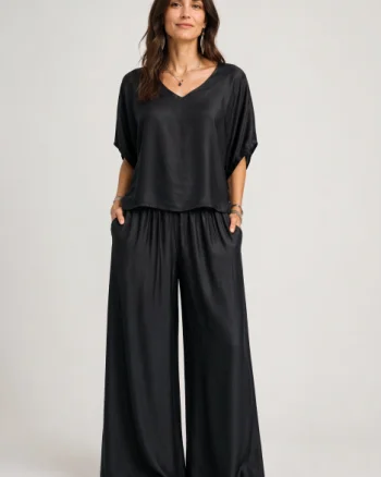 Pantaloni palazzo din matase si vascoza, satinati, largi si fluizi, negri