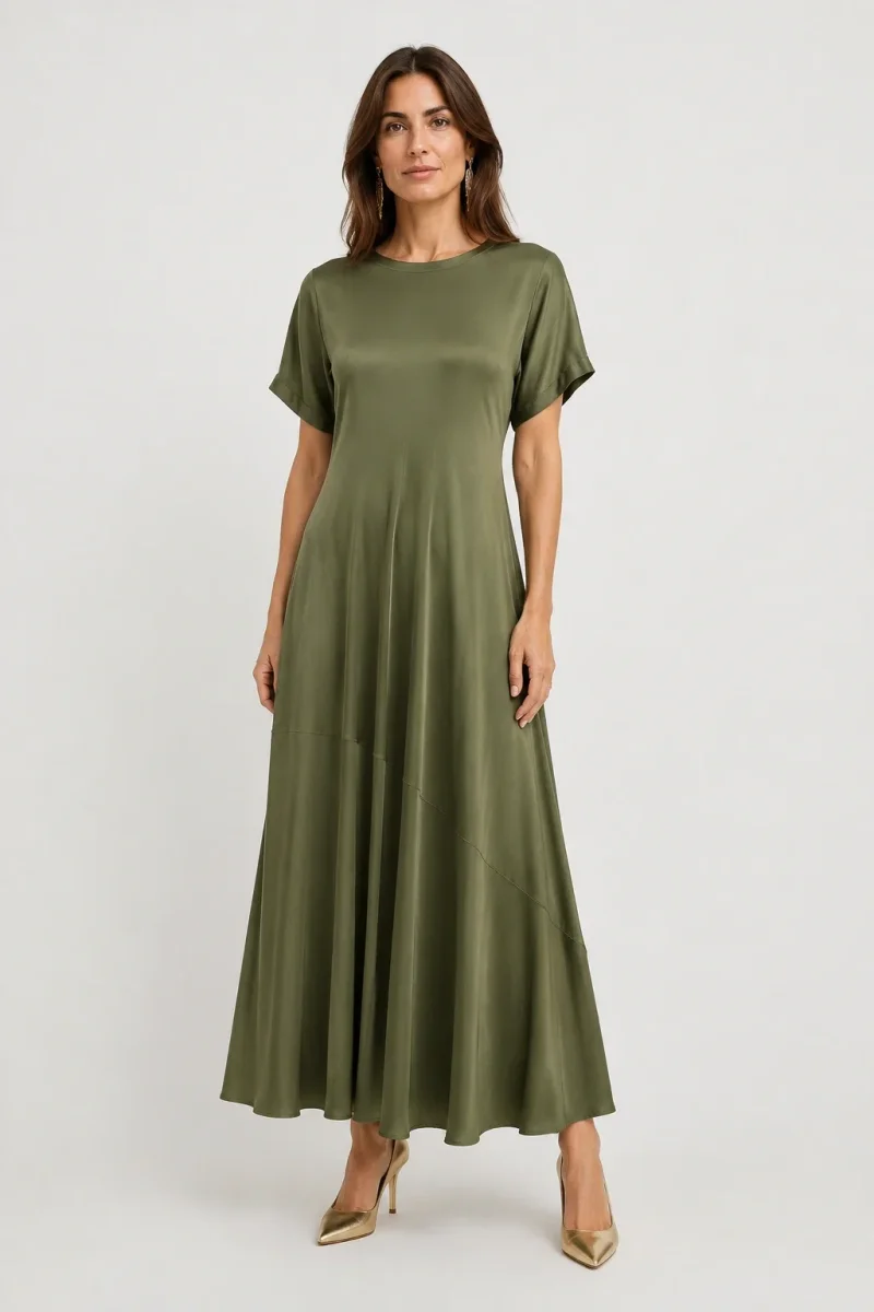 Rochie lunga din satin cu matase si vascoza, croi amplu si design fluid, kaki