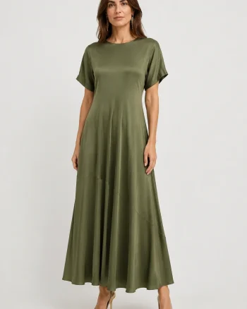 Rochie lunga din satin cu matase si vascoza, croi amplu si design fluid, kaki