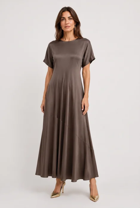 Rochie lunga din satin cu matase si vascoza, croi amplu si design fluid, gri