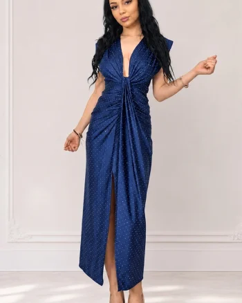Rochie lunga cu cristale JHOSY si decolteu adanc, Bleumarin intens, Marime S/M