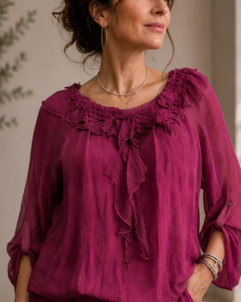 Bluza din matase si vascoza cu volan si dantela aplicata , magenta usor prespalata