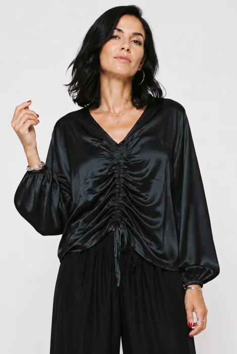 Bluza dama eleganta din satin de matase si vascoza cu fronseu reglabil - neagra
