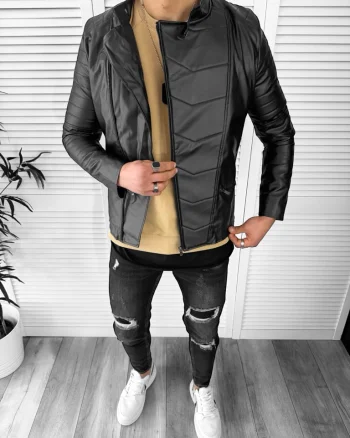 Geaca barbati neagra piele ecologica B3031 Z23