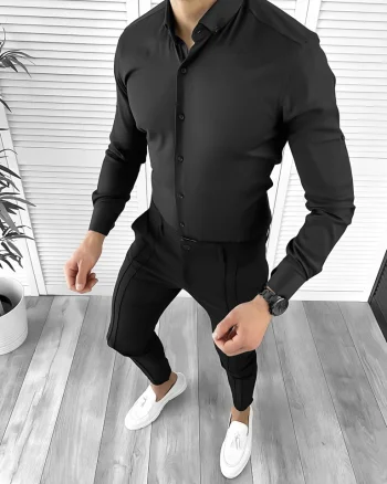 Camasa barbati slim fit neagra + BUTONI cadou 10208