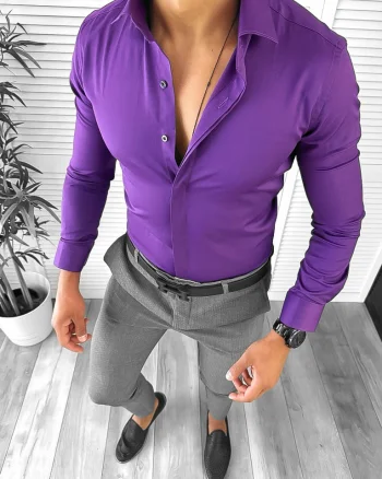 Camasa barbati mov butoni slim fit B1326 W4-3
