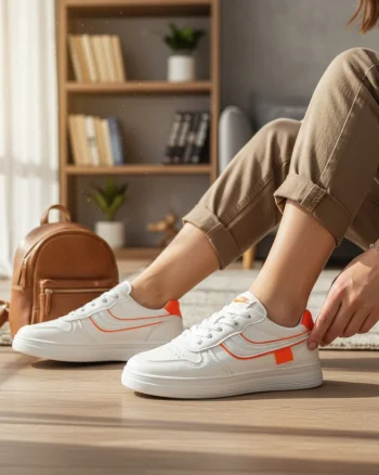 Adidasi dama casual albi cu portocaliu 7906 T7-4