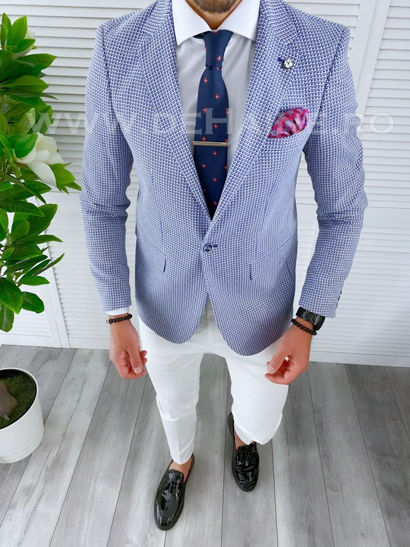 Sacou barbati slim fit cu imprimeu albastru B4235 9-4