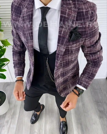 Sacou barbati in carouri slim fit grena B4980 111-5