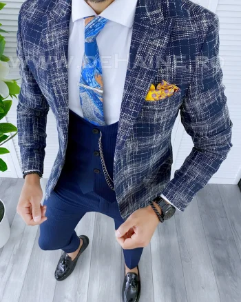 Sacou barbati in carouri slim fit bleumarin  B5303 13-1