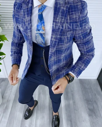 Sacou barbati in carouri slim fit albastru B5302 P18-1.1