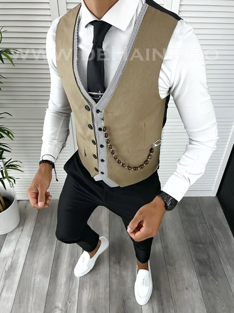 Vesta barbati eleganta slim fit maro deschis V14  P19-5.2