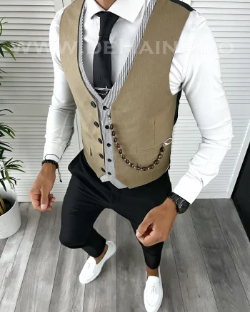 Vesta barbati eleganta slim fit maro deschis V14  P19-5.2