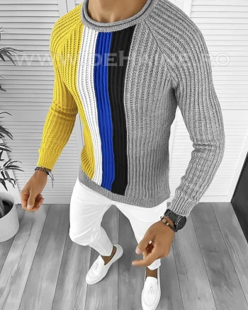 Pulover barbati gros slim fit gri deschis T3578 114-1   U7-2