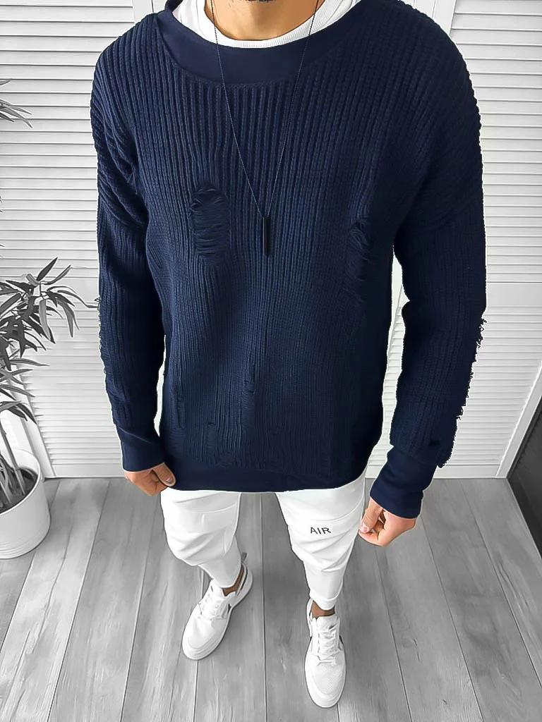 Pulover barbati gros bleumarin slim fit T3664 i13-1