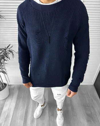 Pulover barbati gros bleumarin slim fit T3664 i13-1