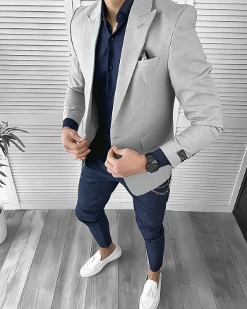 Sacou barbati slim fit  gri - vernil 10121 2-4.3