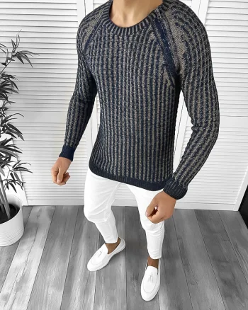 Pulover barbati gros slim fit bleumarin T3711 93-1