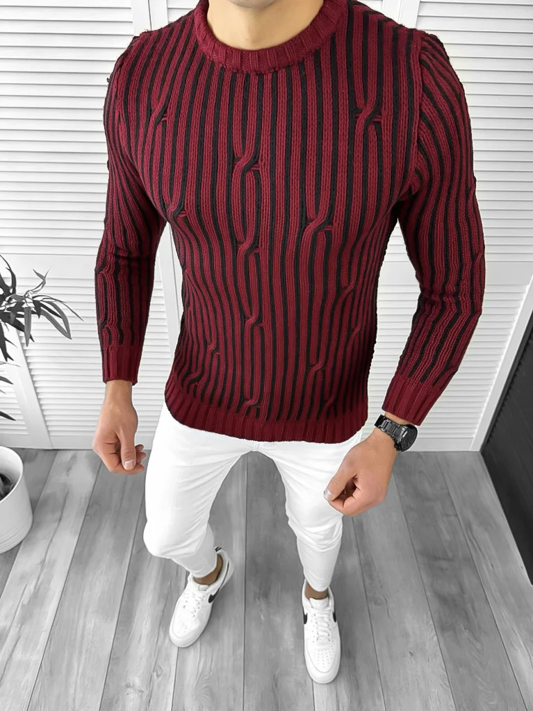 Pulover barbati gros slim fit grena T3575 I1-4