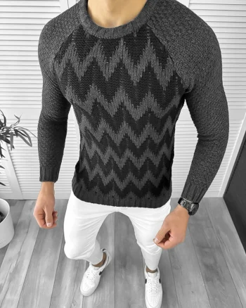 Pulover barbati gros slim fit gri inchis T3613 I16-5