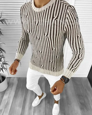 Pulover barbati gros slim fit bej T3575   i8-4.1