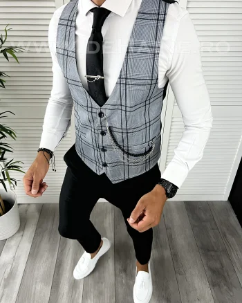 Vesta barbati eleganta slim fit in carouri V67 3-3